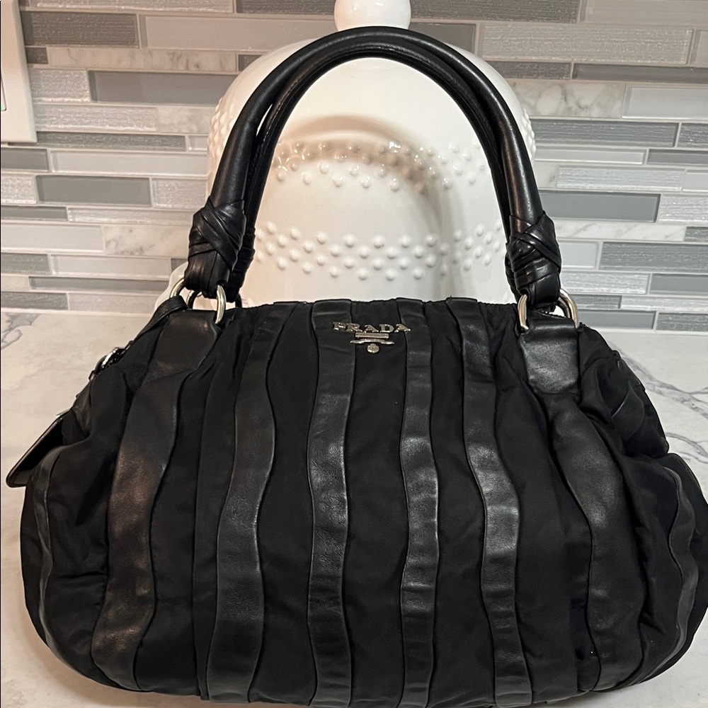 Prada Black Leather & Nylon Pleated Shoulder Bag